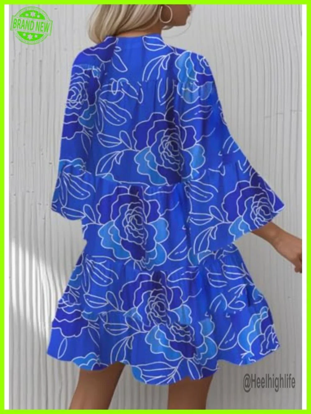 Flowy Ruffle 3/4 Sleeve V Neck Tiered Casual Babydoll Boho Beach Mini Dress - Picture 2 of 4
